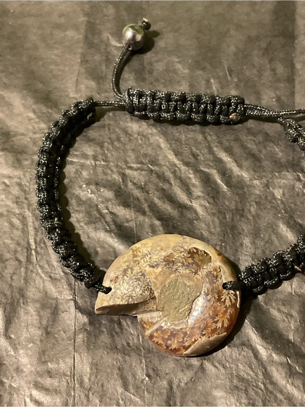 Handmade Black Macrame Bracelet with Brown Fossil Stone Pendant-Unisex